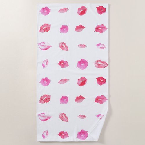 Watercolor Pink Lips Pattern Chic Trendy Design Beach Towel