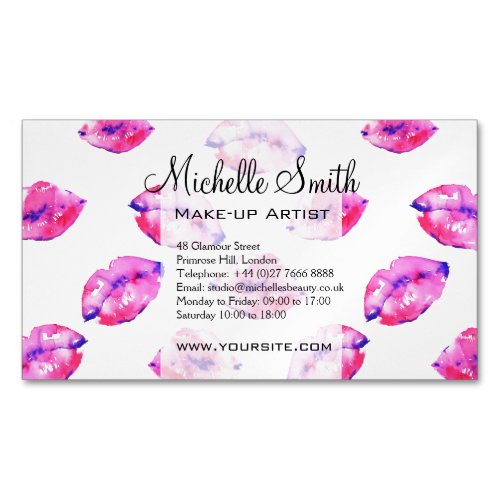 Watercolor pink lips pattern makeup branding business card magnet