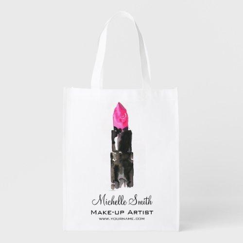 Watercolor pink lipstick makeup branding reusable grocery bag