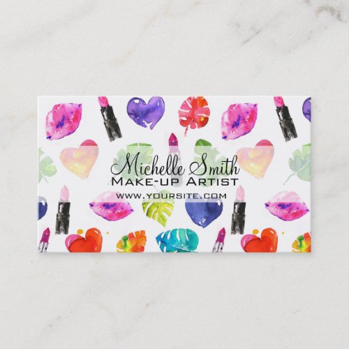 Watercolor pink lipstick pattern makeup branding business card