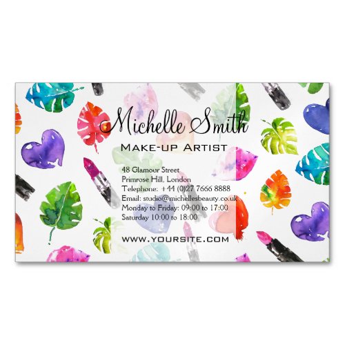 Watercolor pink lipstick pattern makeup branding business card magnet
