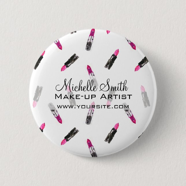 Watercolor pink lipstick pattern makeup branding button (Front)