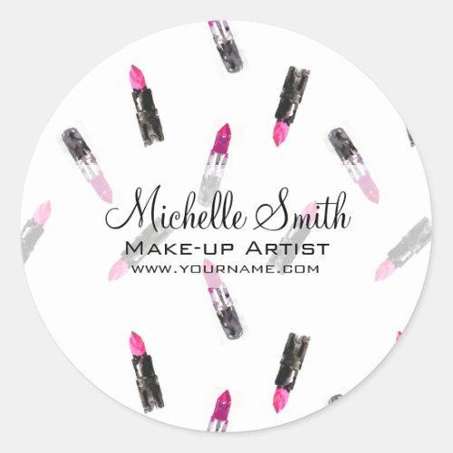 Watercolor pink lipstick pattern makeup branding classic round sticker