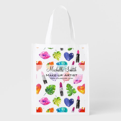 Watercolor pink lipstick pattern makeup branding reusable grocery bag