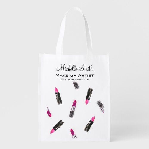 Watercolor pink lipstick pattern makeup branding reusable grocery bag