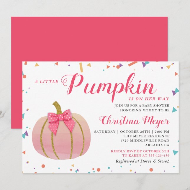 Watercolor Pink Little Pumpkin Baby Shower Invitation (Front/Back)