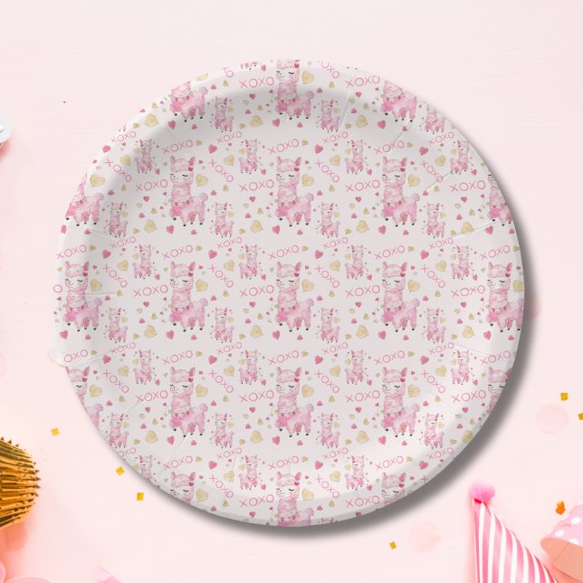  Watercolor Pink Llama XOXO Paper Plates (Creator Uploaded)