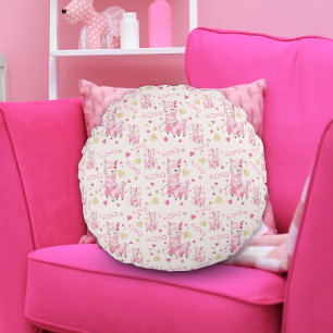 Watercolor Pink Llama XOXO Round Pillow