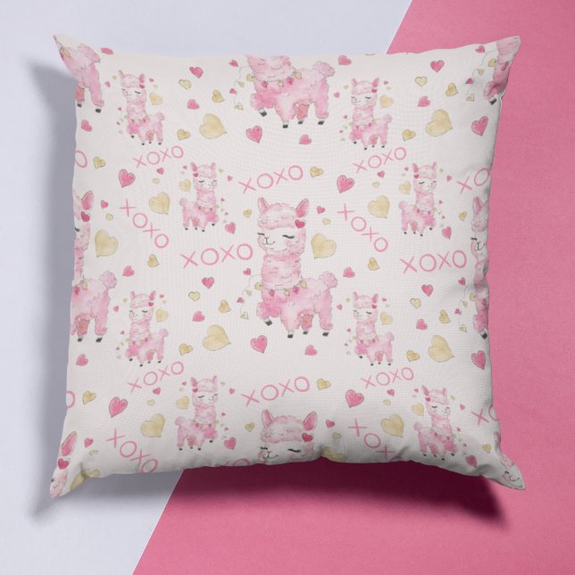  Watercolor Pink Llama XOXO Throw Pillow (Creator Uploaded)