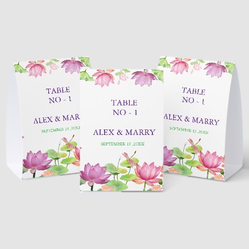 Watercolor Pink Lotus Floral Garden WEDDING  Paper Table Tent