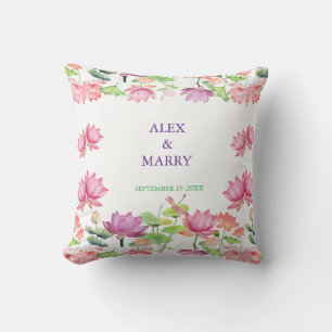 Watercolor Pink Lotus Floral Garden WEDDING Throw Pillow