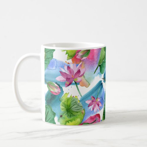 Watercolor Pink Lotus Flowers and Leaves Botanical Coffee Mug