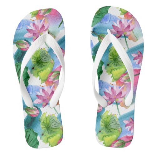 Watercolor Pink Lotus Flowers and Leaves Botanical Flip Flops