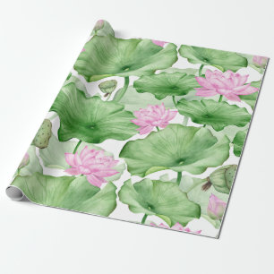 Watercolor Pink Lotus Flowers with Large Leaves Wrapping Paper