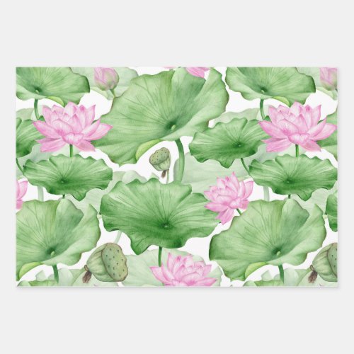 Watercolor Pink Lotus Flowers with Large Leaves  Wrapping Paper Sheets