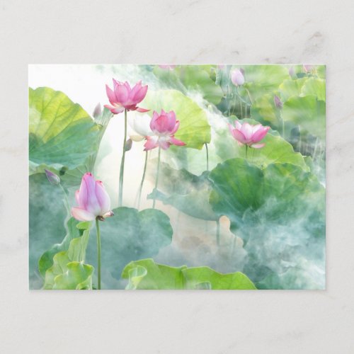 Watercolor Pink Lotus Flowers with Leaves Postcard