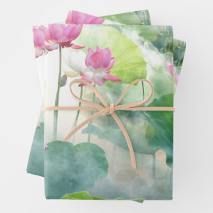 Watercolor Pink Lotus Flowers with Leaves Wrapping Paper Sheets