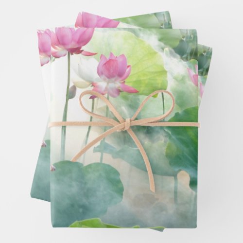 Watercolor Pink Lotus Flowers with Leaves  Wrapping Paper Sheets