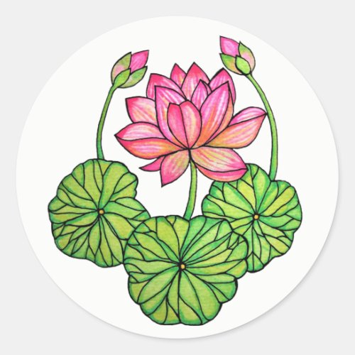 Watercolor Pink Lotus with Buds  Leaves Classic Round Sticker