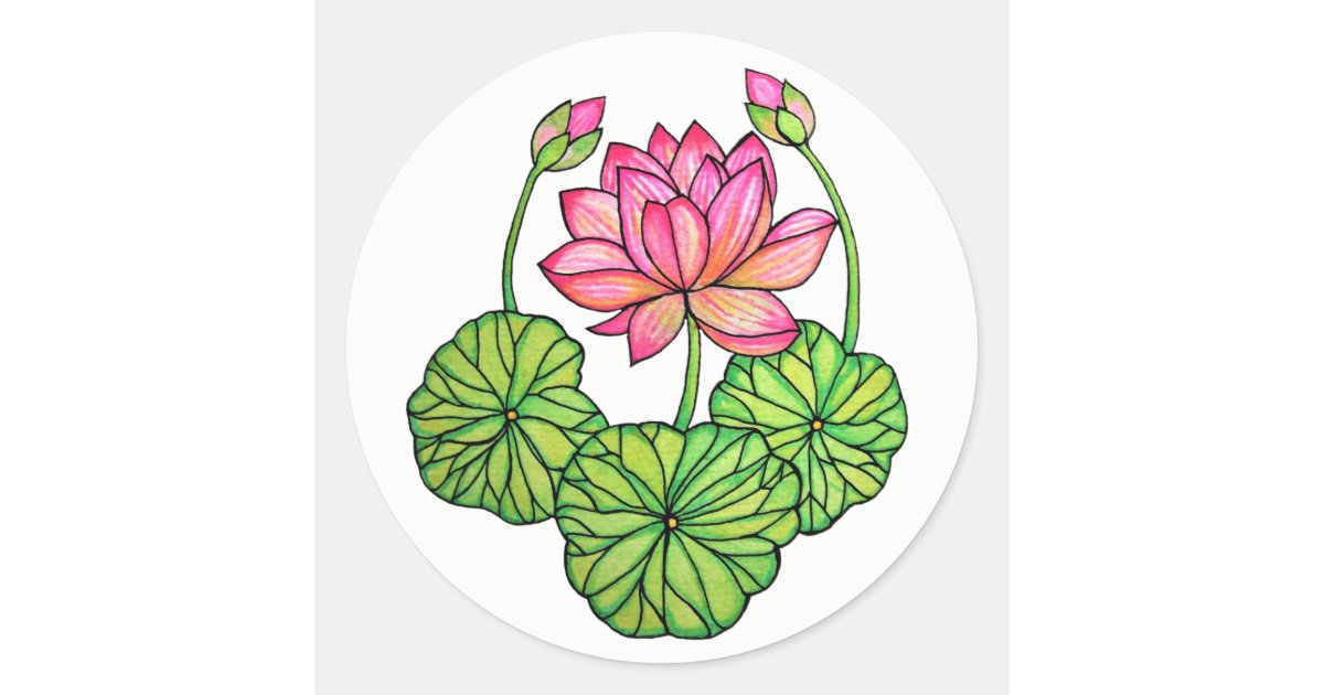 Watercolor Pink Lotus with Buds & Leaves Classic Round Sticker | Zazzle