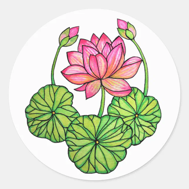 Watercolor Pink Lotus with Buds & Leaves Classic Round Sticker | Zazzle
