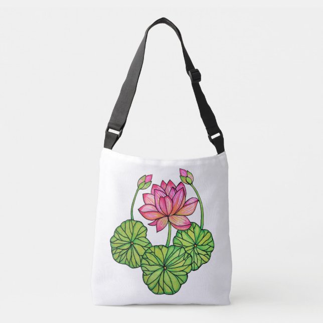 Watercolor Pink Lotus with Buds & Leaves Crossbody Bag (Front)