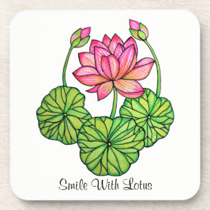 Watercolor Pink Lotus with Buds & Leaves Drink Coaster