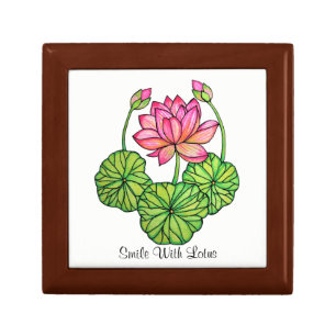 Watercolor Pink Lotus with Buds & Leaves Keepsake Box
