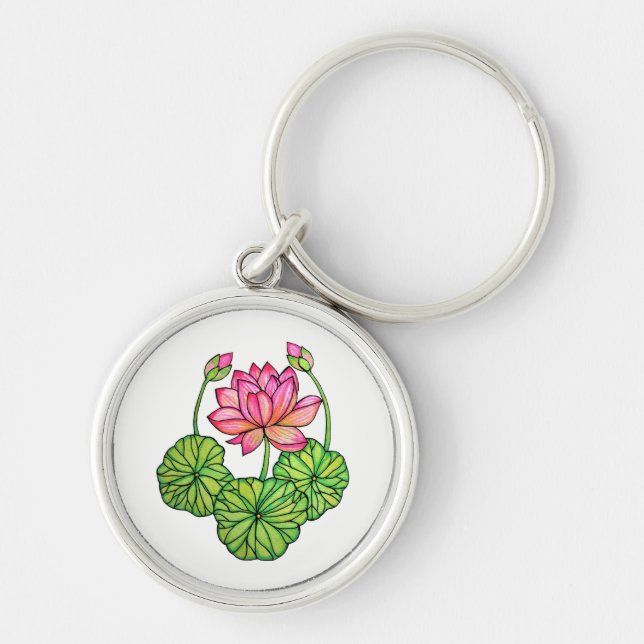 Watercolor Pink Lotus with Buds & Leaves Keychain (Front)