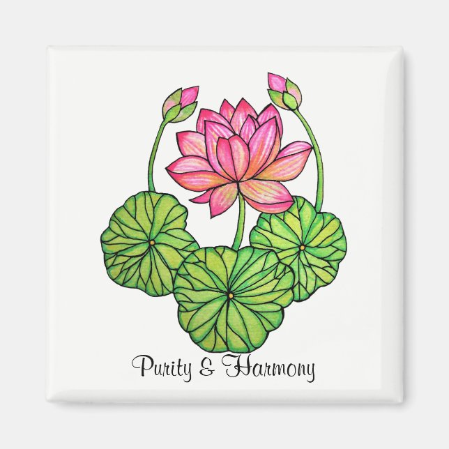 Watercolor Pink Lotus with Buds & Leaves Magnet (Front)