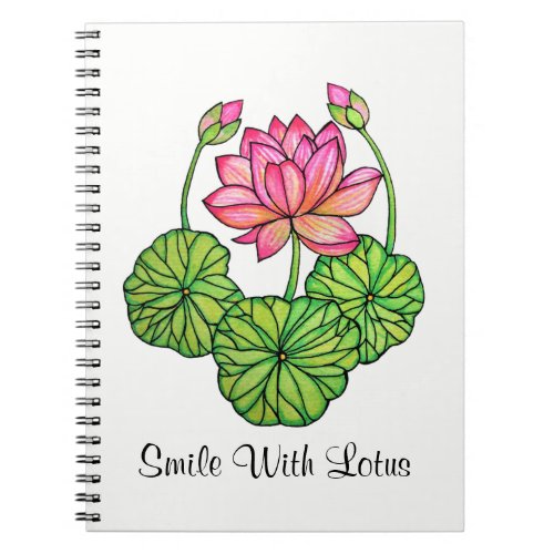 Watercolor Pink Lotus with Buds  Leaves Notebook