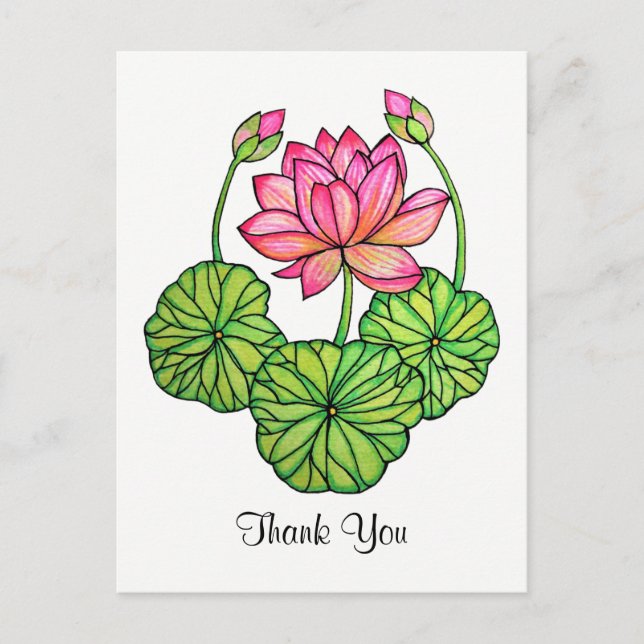 Watercolor Pink Lotus with Buds & Leaves Postcard (Front)