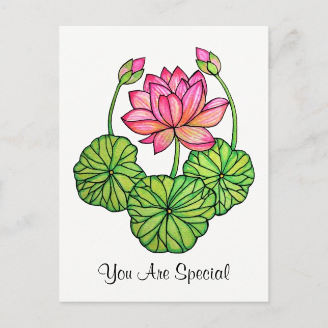 Watercolor Pink Lotus with Buds & Leaves Postcard (Front)