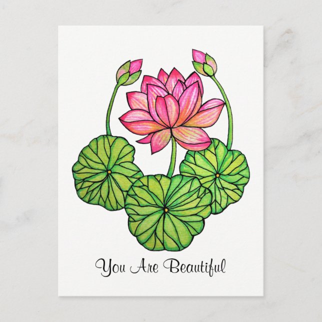 Watercolor Pink Lotus with Buds & Leaves Postcard (Front)