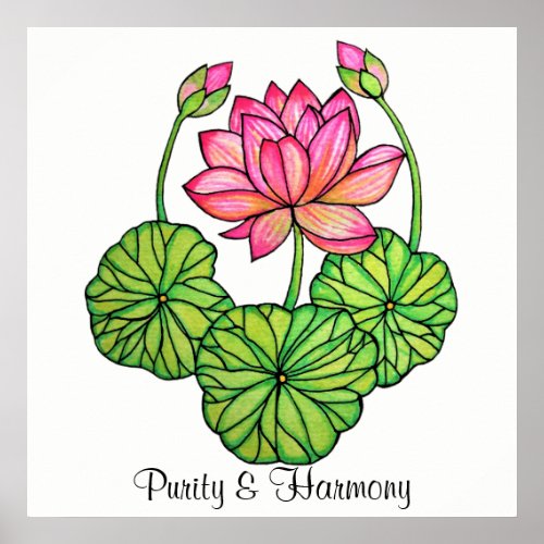 Watercolor Pink Lotus with Buds  Leaves Poster