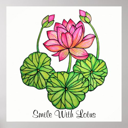 Watercolor Pink Lotus with Buds  Leaves Poster