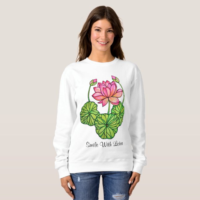 Watercolor Pink Lotus with Buds & Leaves Sweatshirt (Front Full)