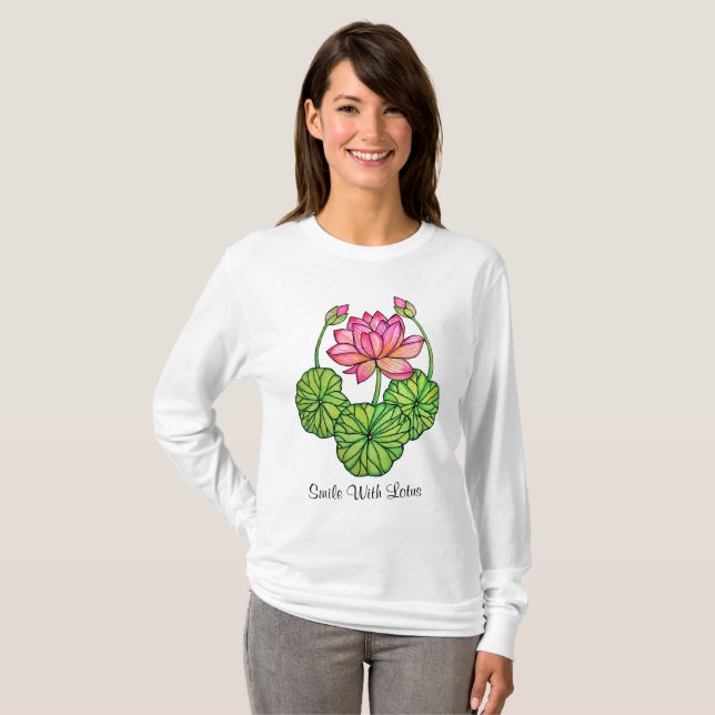 Watercolor Pink Lotus with Buds & Leaves T-Shirt (Front Full)