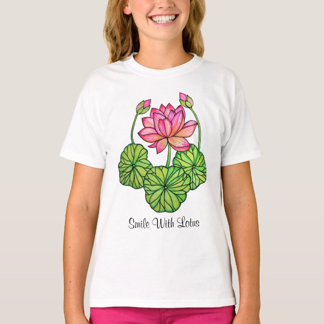 Watercolor Pink Lotus with Buds & Leaves T-Shirt (Front)