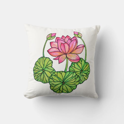 Watercolor Pink Lotus with Buds  Leaves Throw Pillow