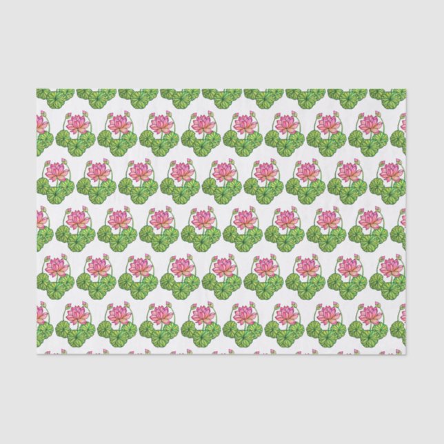 Watercolor Pink Lotus with Buds & Leaves Tissue Paper (Front)