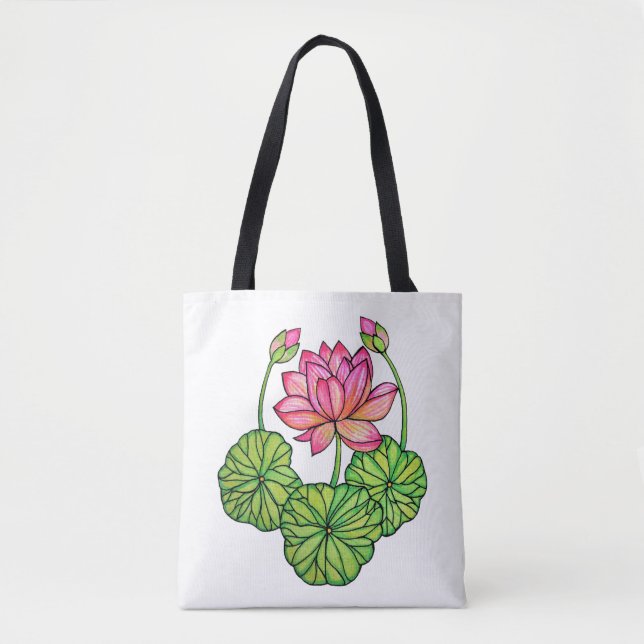 Watercolor Pink Lotus with Buds & Leaves Tote Bag (Front)