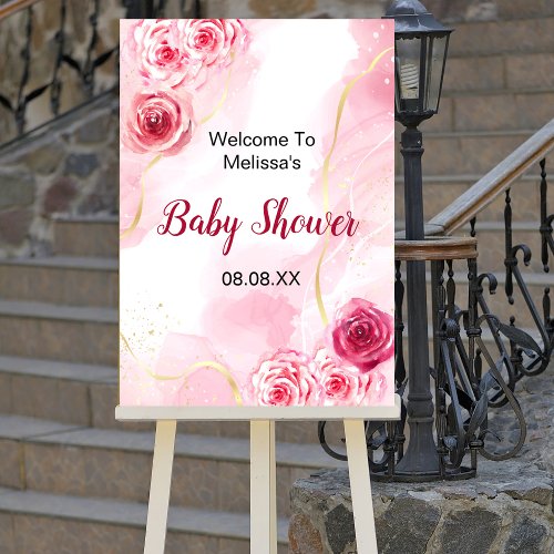 Watercolor pink magenta rose welcome sign poster