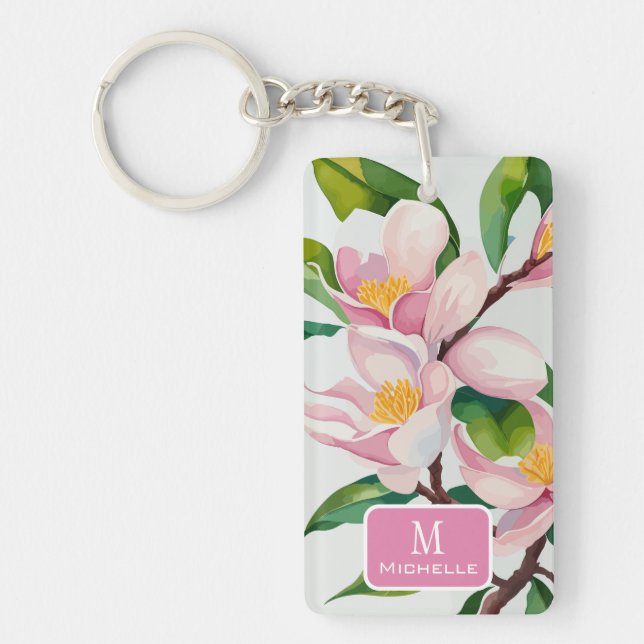 Watercolor Pink Magnolia Botanical Monogram Keychain (Front)