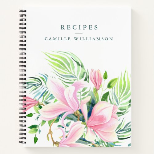 Watercolor Pink Magnolia Flower Custom Name Recipe Notebook