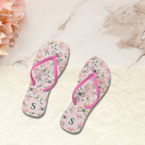 Watercolor Pink Magnolia Flower Moth Monogram Flip Flops