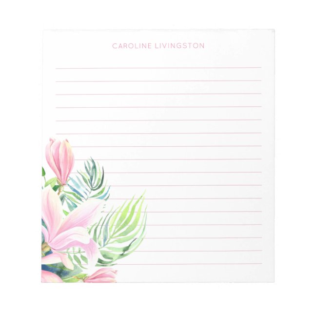 Watercolor Pink Magnolia Flower Personalized Notepad (Front)