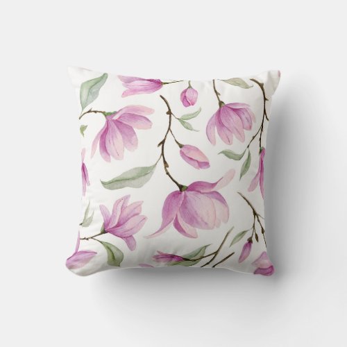 Watercolor pink magnolia flowers and leaves seamle throw pillow