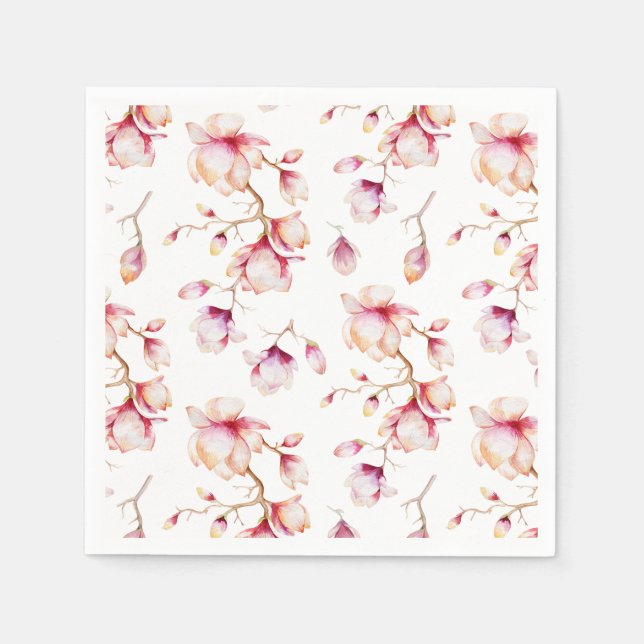 Watercolor Pink Magnolia Flowers Napkins (Front)