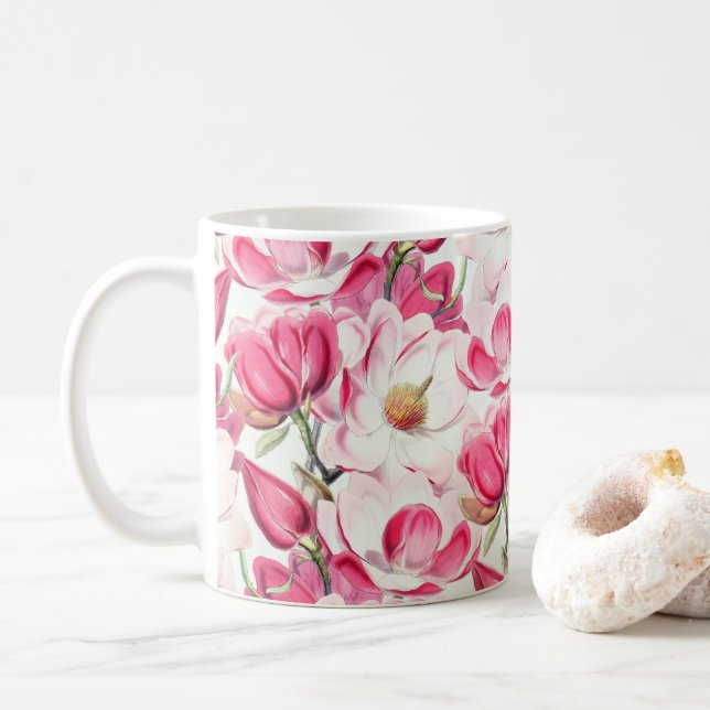 Watercolor Pink Magnolia Flowers Pattern Coffee Mug (With Donut)